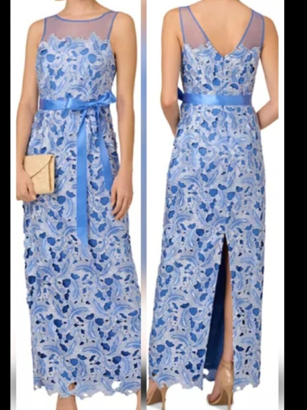 NWT Adrianna Papell Blue Tonal Lace Gown Dress Size 14 Illusion Neck Maxi Formal